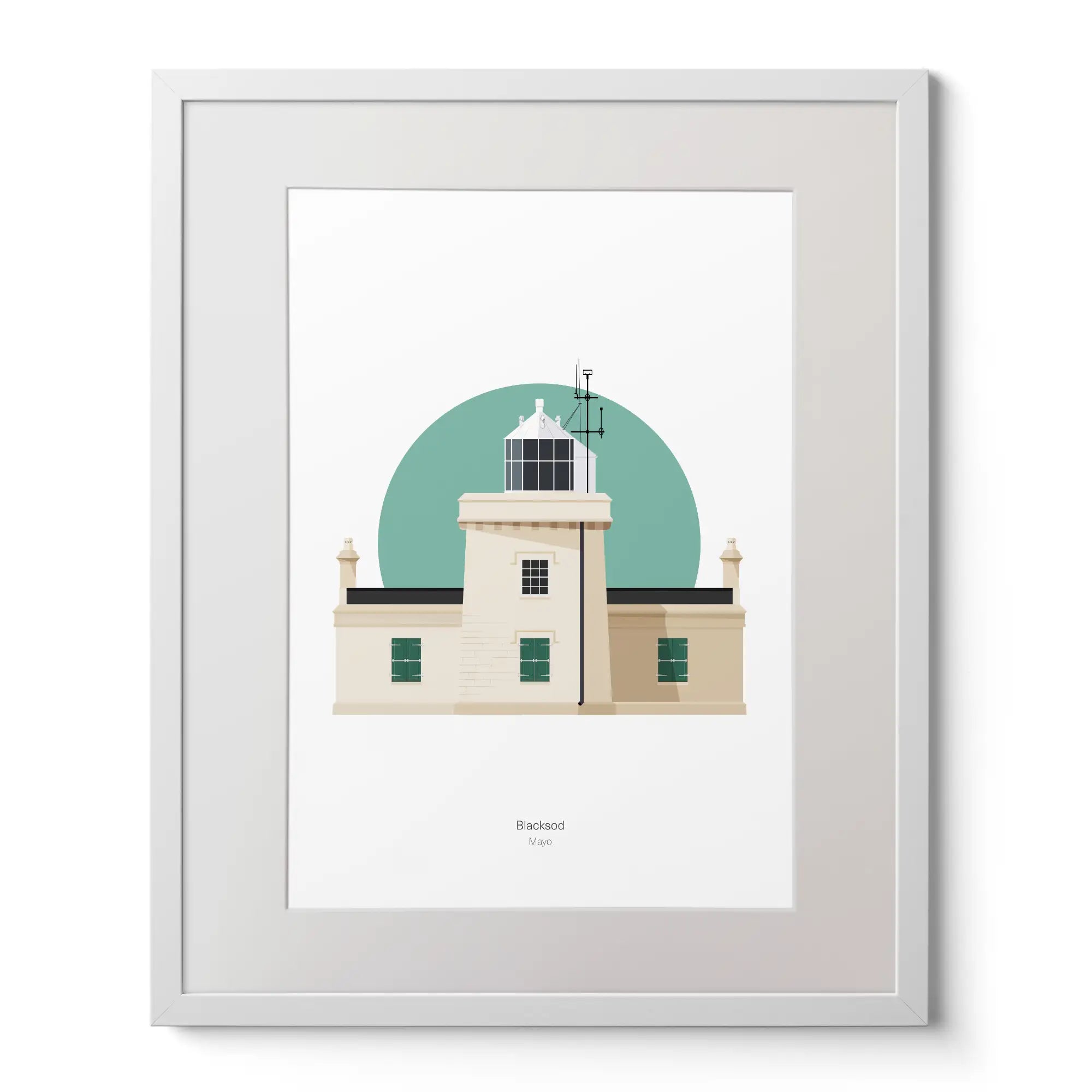 Illustration of Blacksod lighthouse on a white background inside light blue square,  in a white frame measuring 40x50cm.