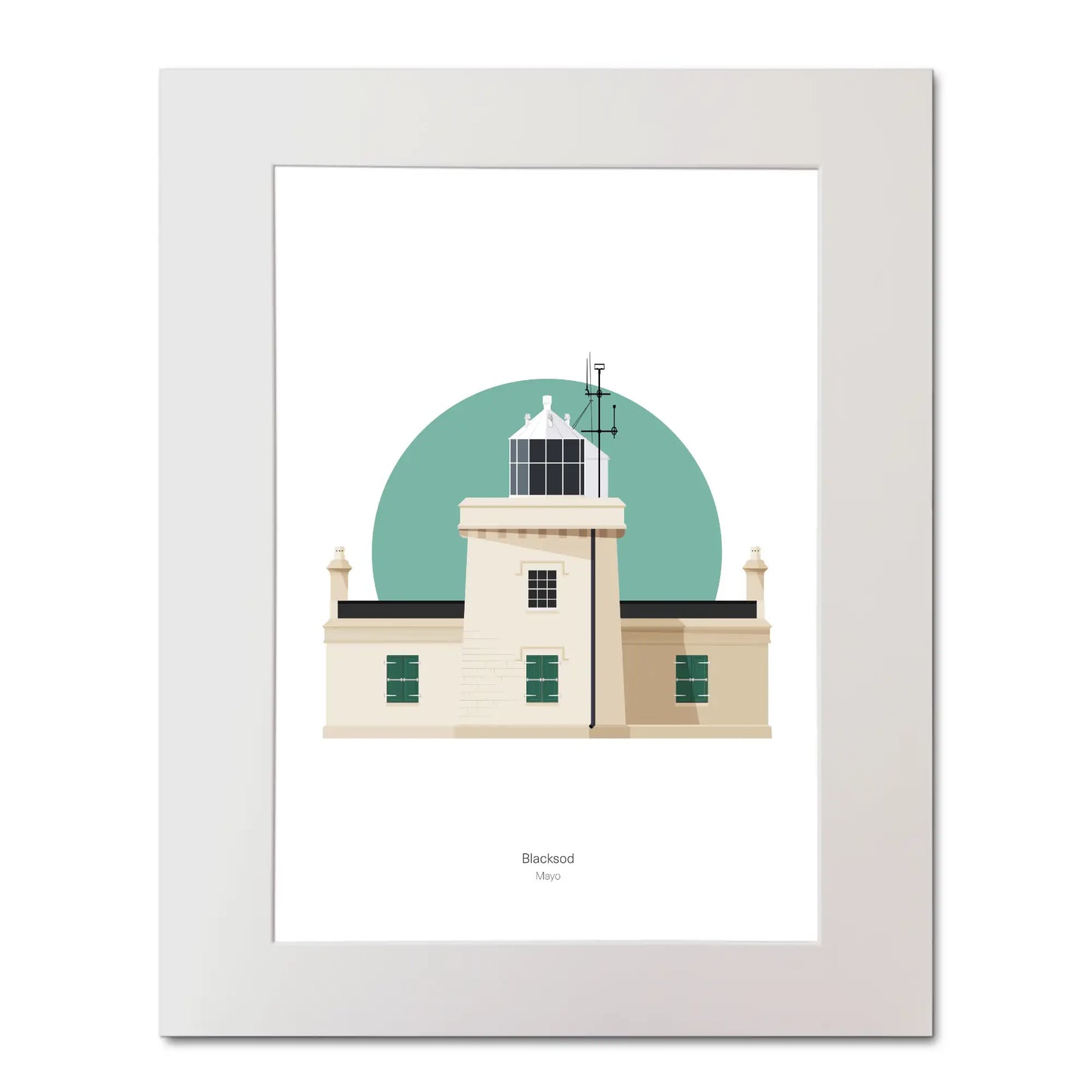 Illustration of Blacksod lighthouse on a white background inside light blue square, mounted and measuring 40x50cm.
