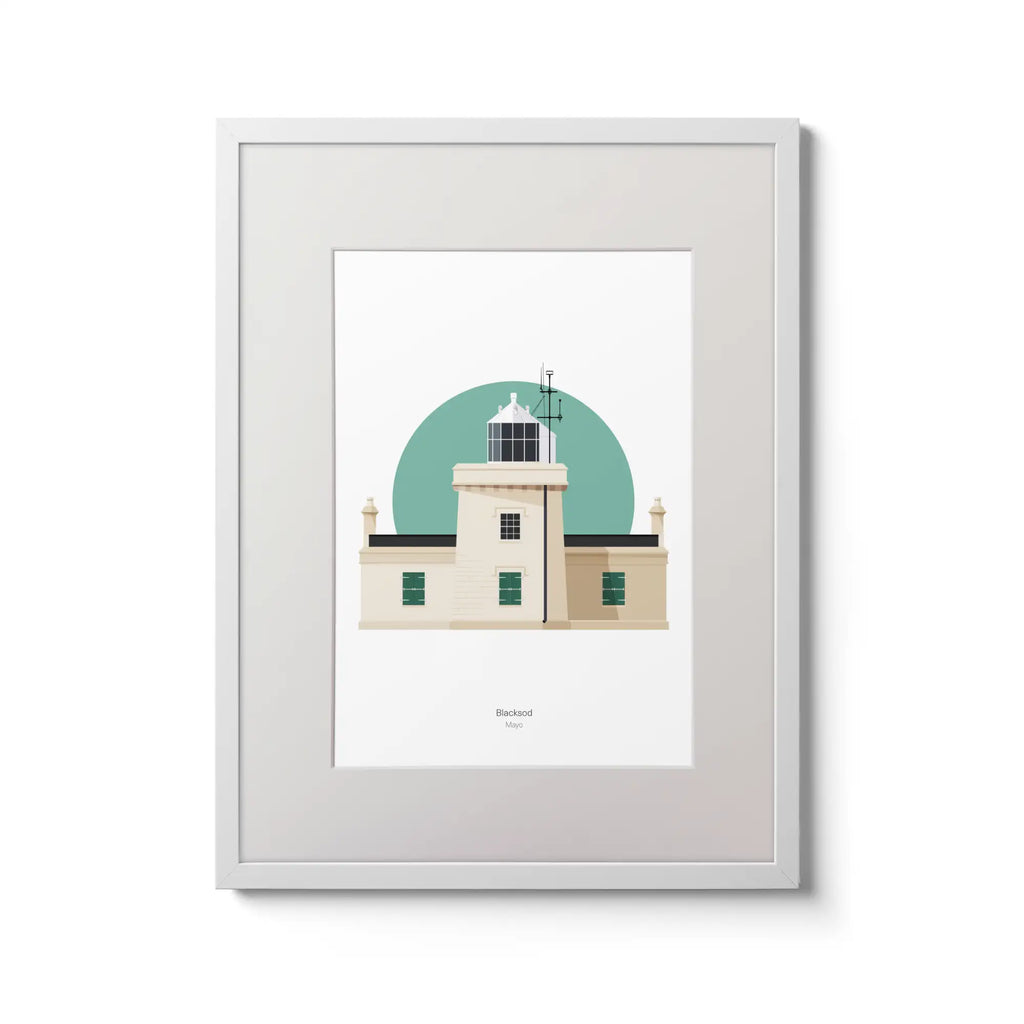 Illustration of Blacksod lighthouse on a white background inside light blue square,  in a white frame measuring 30x40cm.