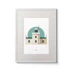 Illustration of Blacksod lighthouse on a white background inside light blue square,  in a white frame measuring 30x40cm.