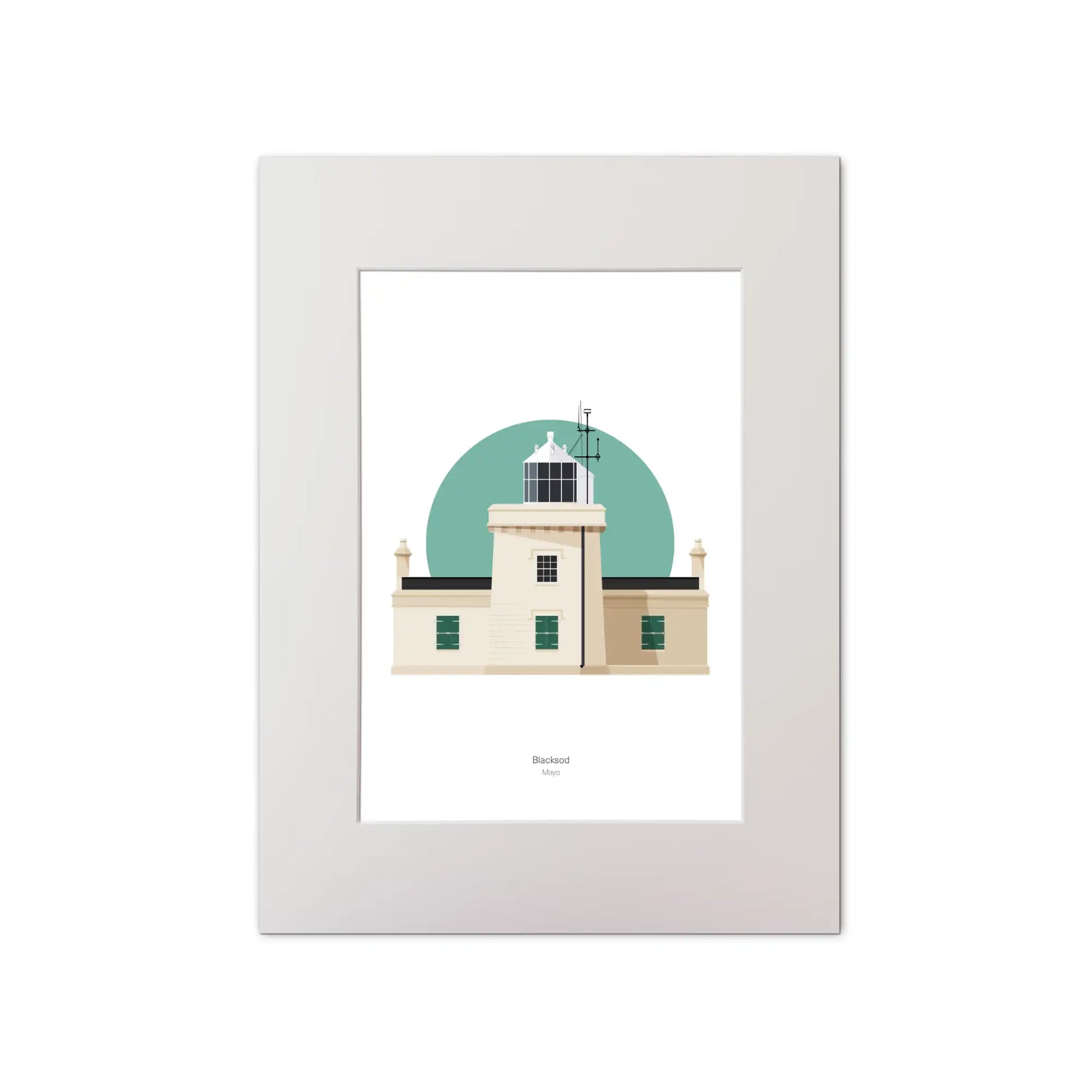 Illustration of Blacksod lighthouse on a white background inside light blue square, mounted and measuring 30x40cm.