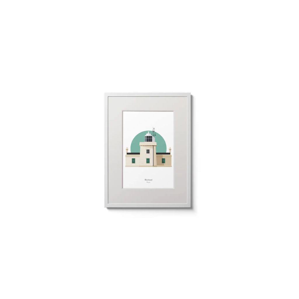 Illustration of Blacksod lighthouse on a white background inside light blue square, in a white frame measuring 15x20cm.