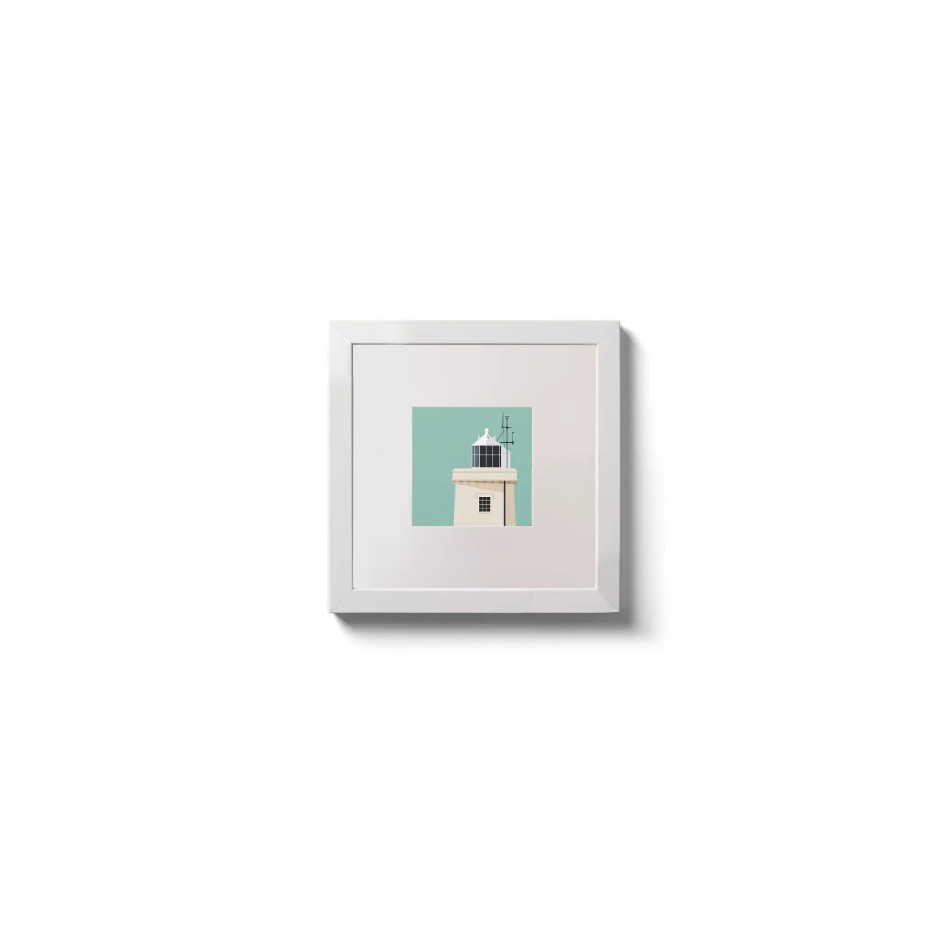 Illustration of Blacksod lighthouse on an ocean green background,  in a white square frame measuring 10x10cm.