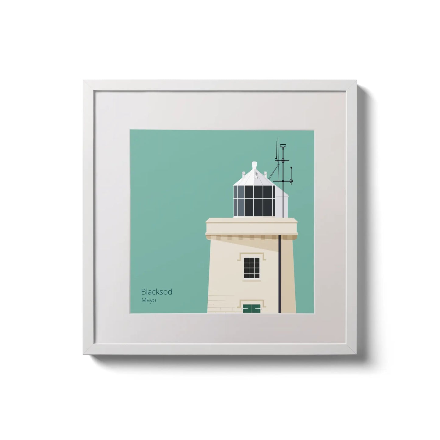 Illustration of Blacksod lighthouse on an ocean green background,  in a white square frame measuring 20x20cm.