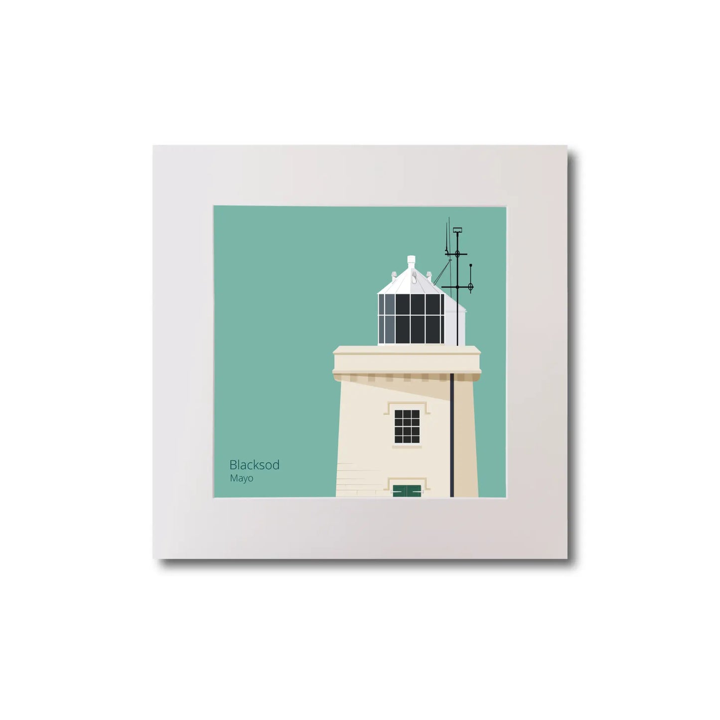 Illustration of Blacksod lighthouse on an ocean green background, mounted and measuring 20x20cm.