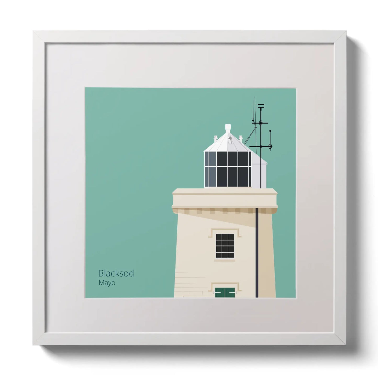 Illustration of Blacksod lighthouse on an ocean green background,  in a white square frame measuring 30x30cm.