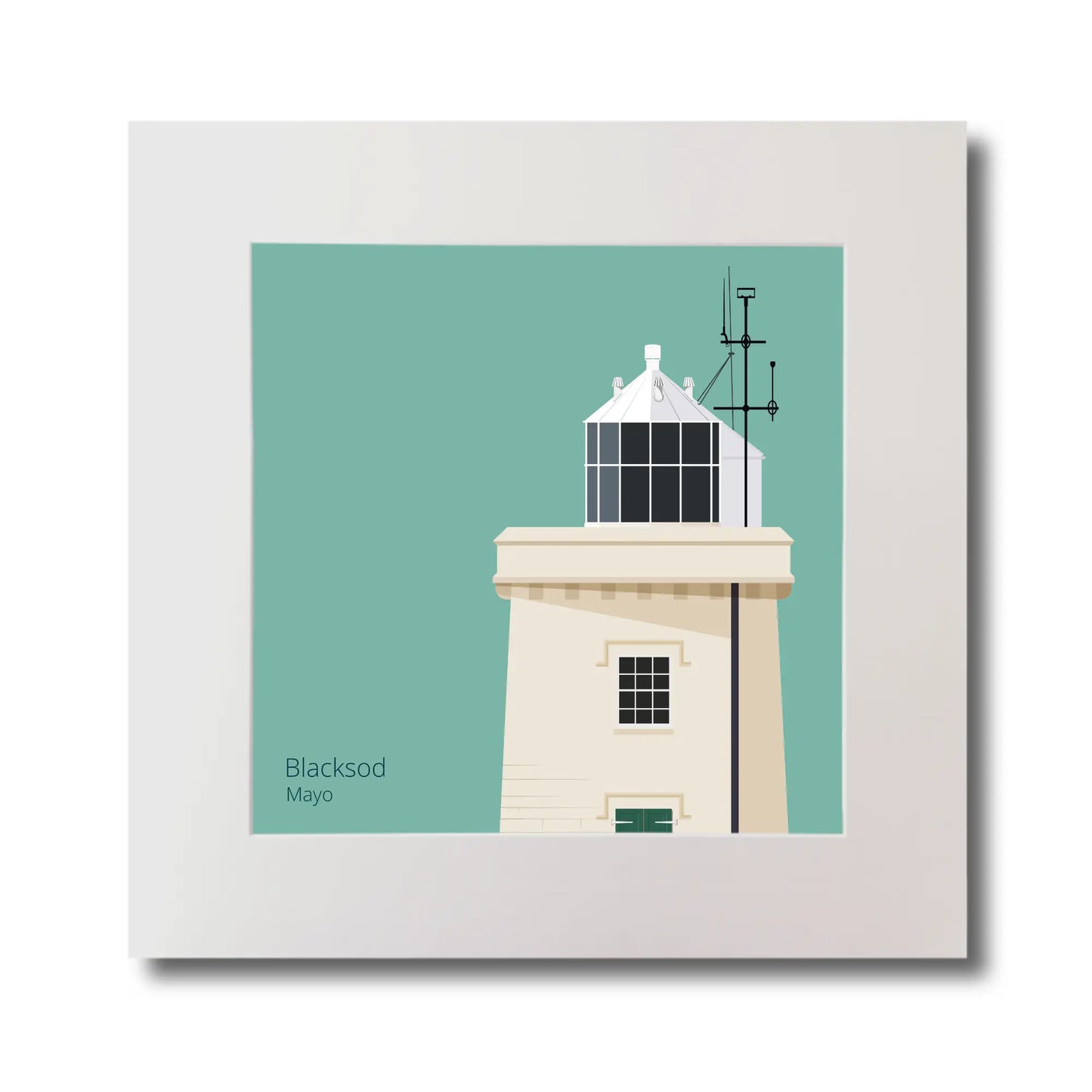 Illustration of Blacksod lighthouse on an ocean green background, mounted and measuring 30x30cm.