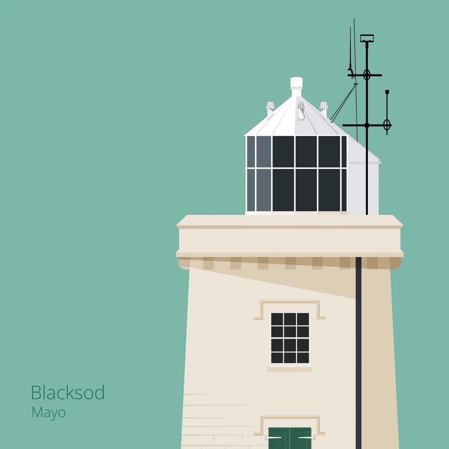 Illustration of Blacksod lighthouse on an ocean green background