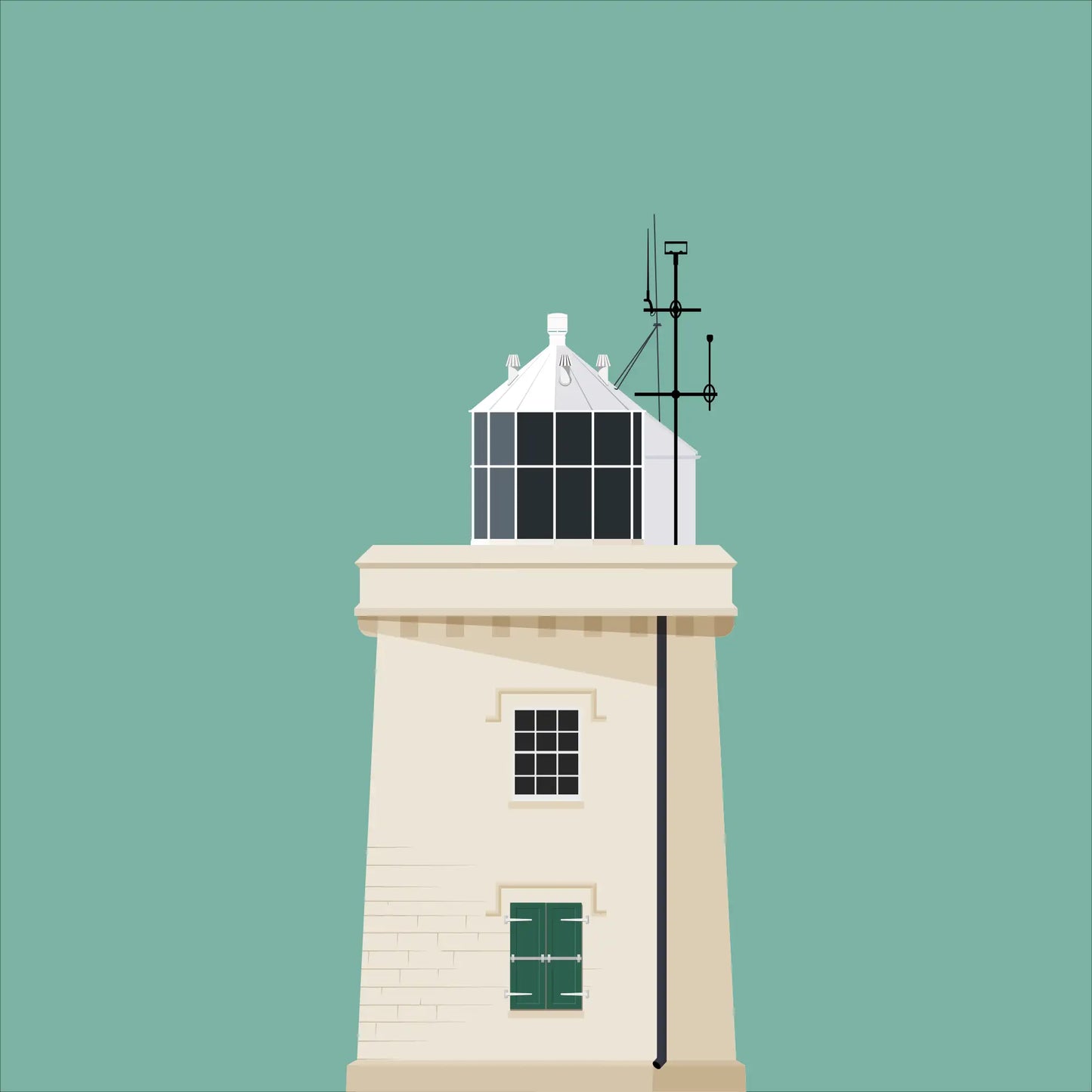 Illustration of Blacksod lighthouse on a white background inside light blue square.