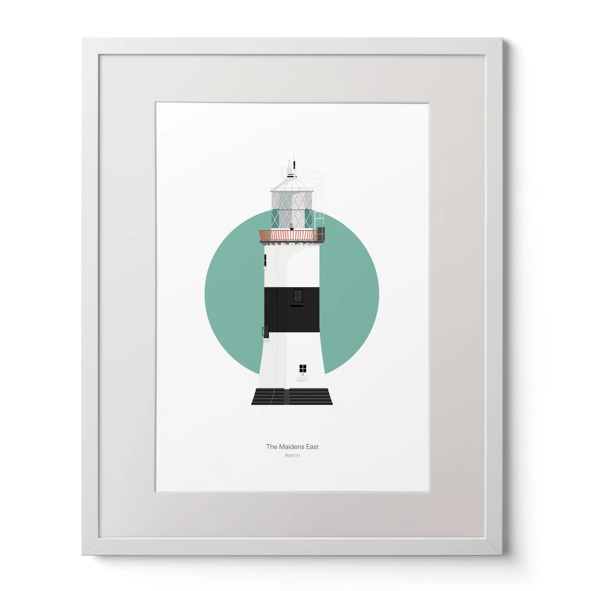 Illustration of The Maidens lighthouse on a white background inside light blue square,  in a white frame measuring 40x50cm.