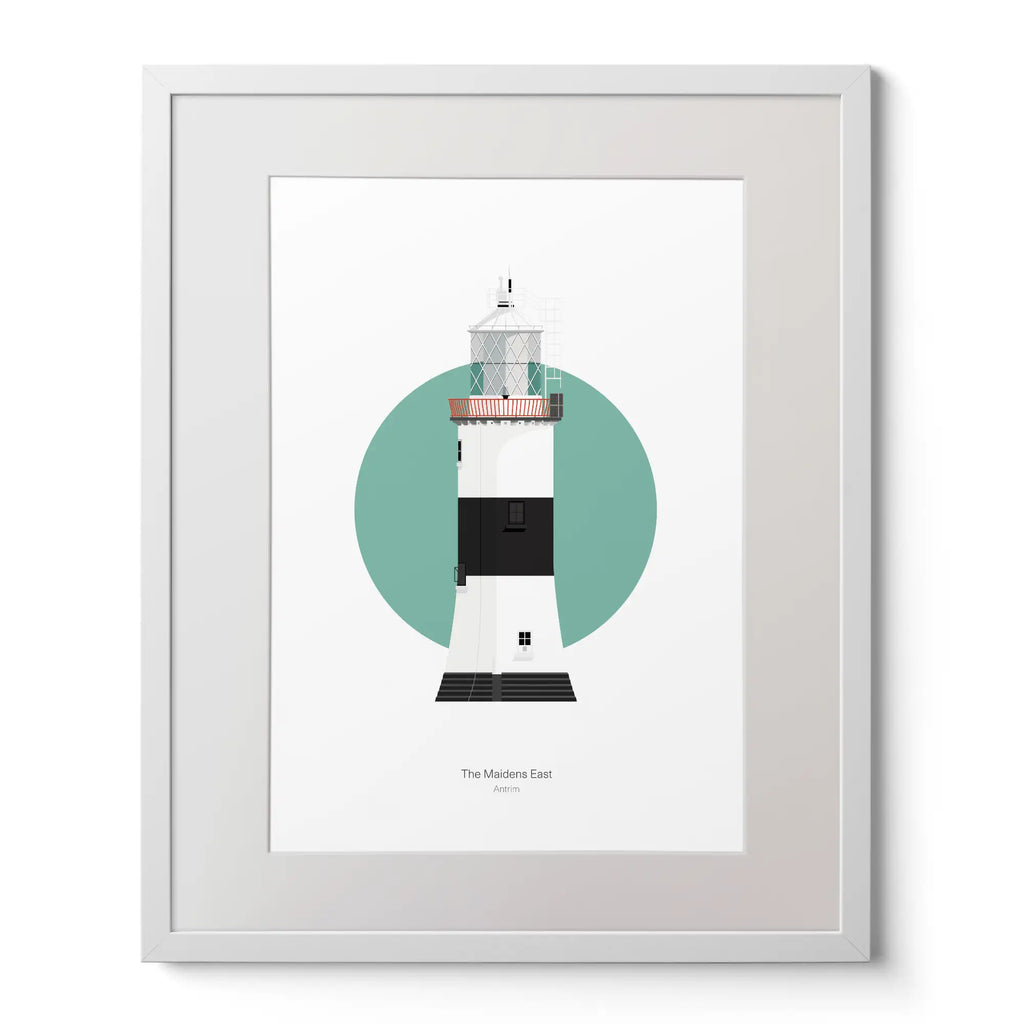 Illustration of The Maidens lighthouse on a white background inside light blue square,  in a white frame measuring 40x50cm.