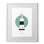 Illustration of The Maidens lighthouse on a white background inside light blue square,  in a white frame measuring 40x50cm.
