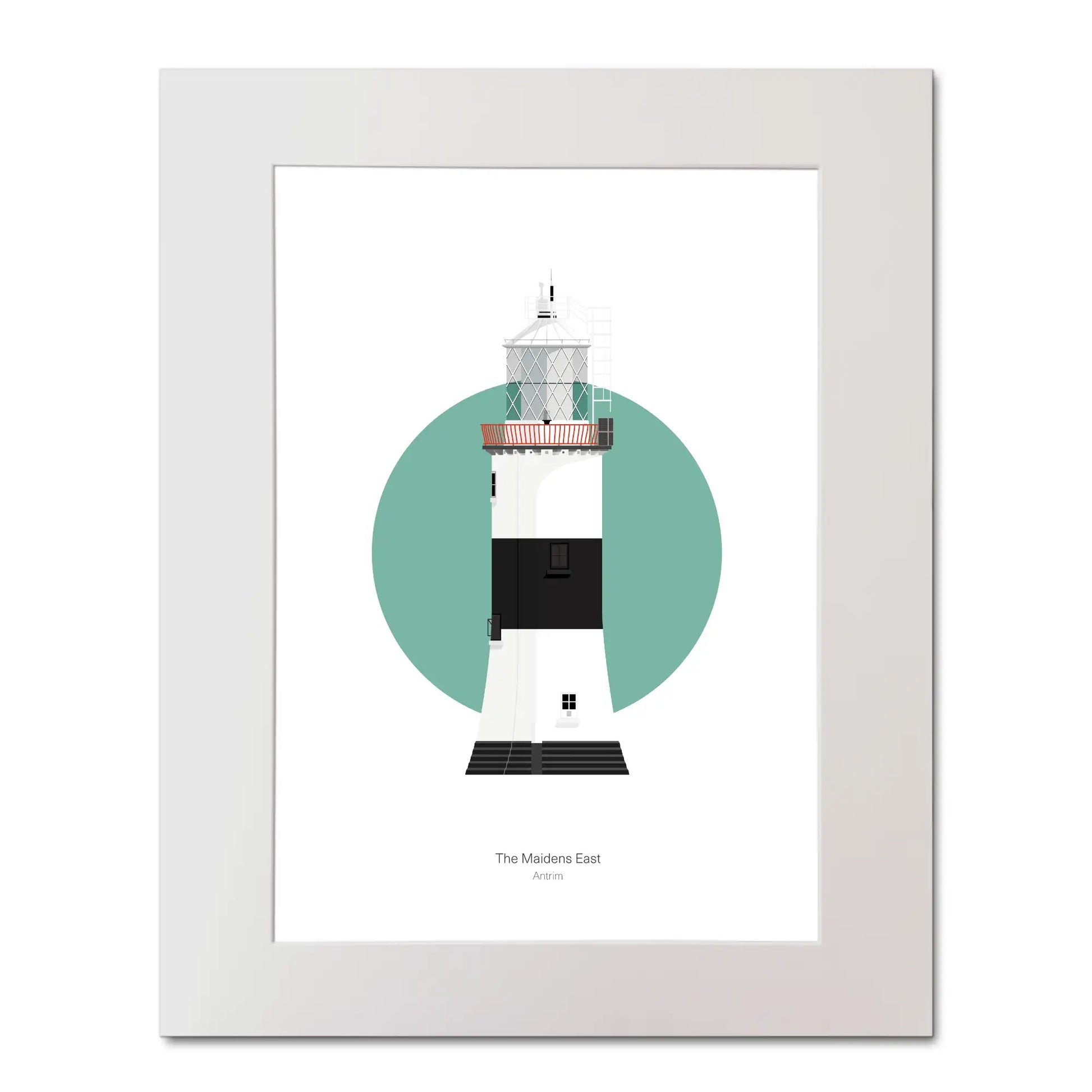 Illustration of The Maidens lighthouse on a white background inside light blue square, mounted and measuring 40x50cm.