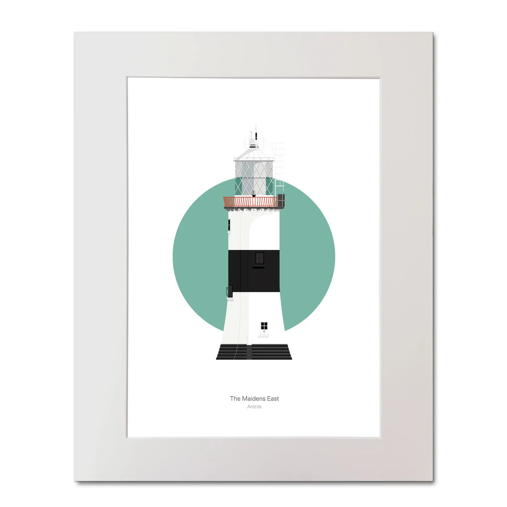 Illustration of The Maidens lighthouse on a white background inside light blue square, mounted and measuring 40x50cm.