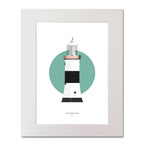 Illustration of The Maidens lighthouse on a white background inside light blue square, mounted and measuring 40x50cm.