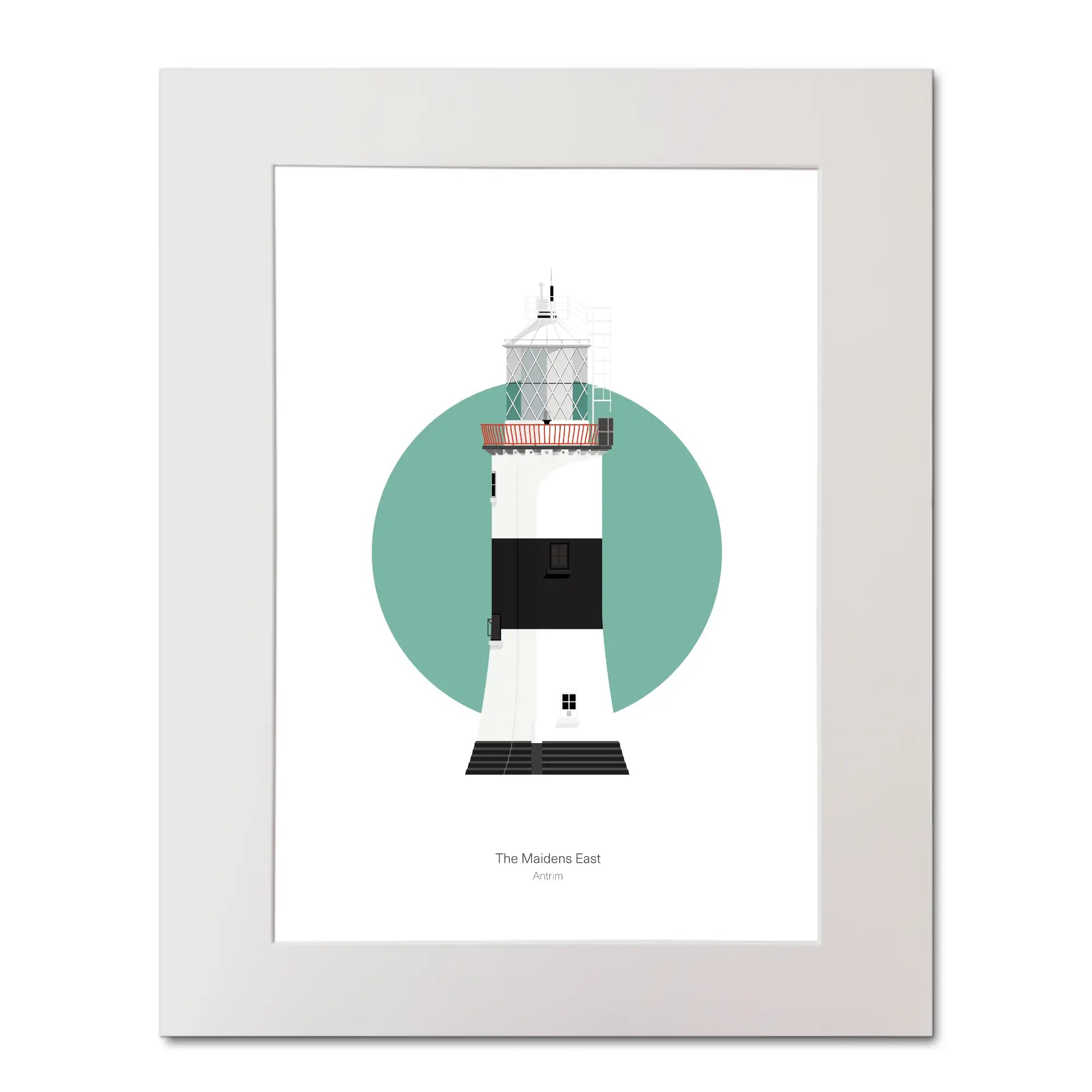 Illustration of The Maidens lighthouse on a white background inside light blue square, mounted and measuring 40x50cm.