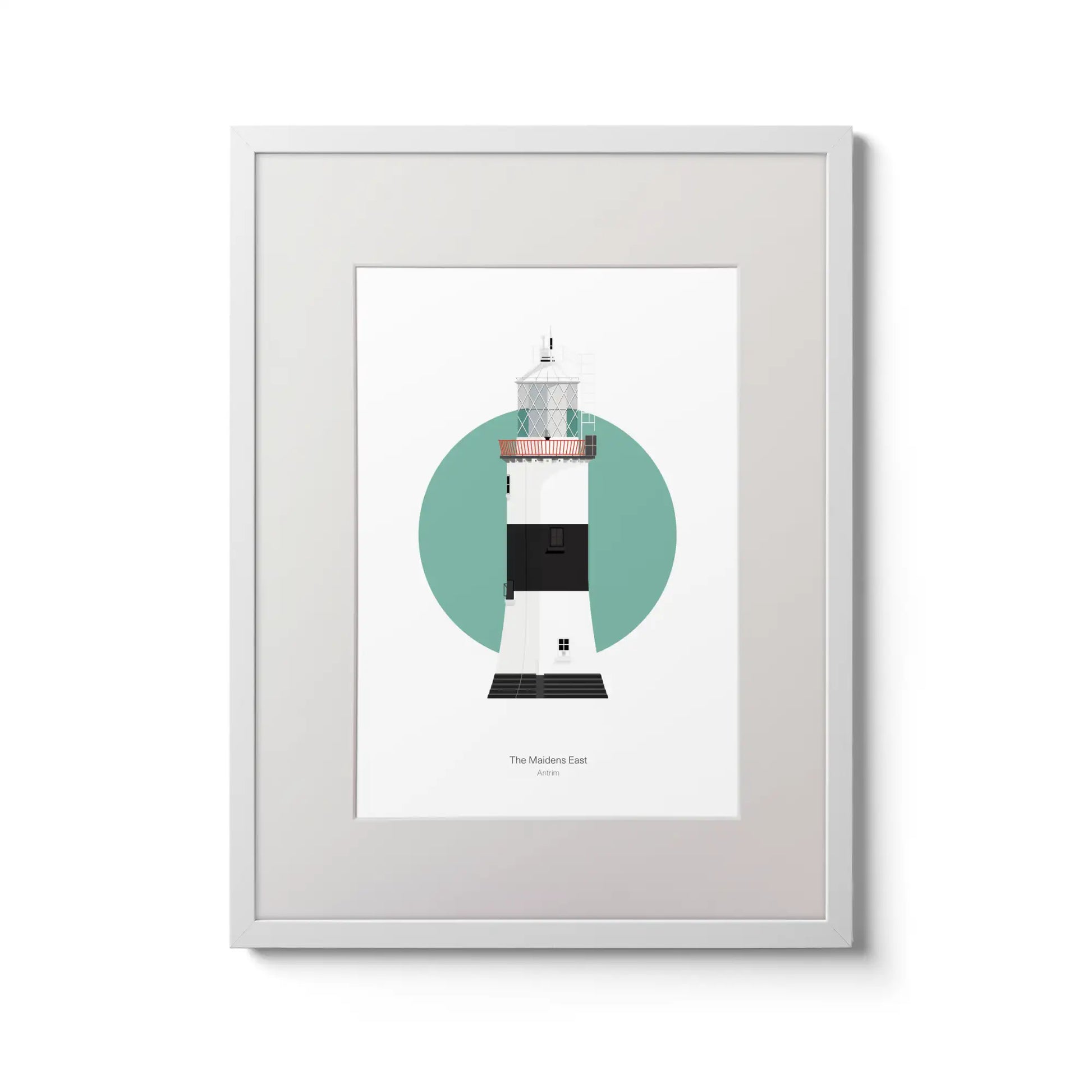 Illustration of The Maidens lighthouse on a white background inside light blue square,  in a white frame measuring 30x40cm.