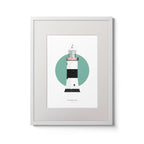 Illustration of The Maidens lighthouse on a white background inside light blue square,  in a white frame measuring 30x40cm.