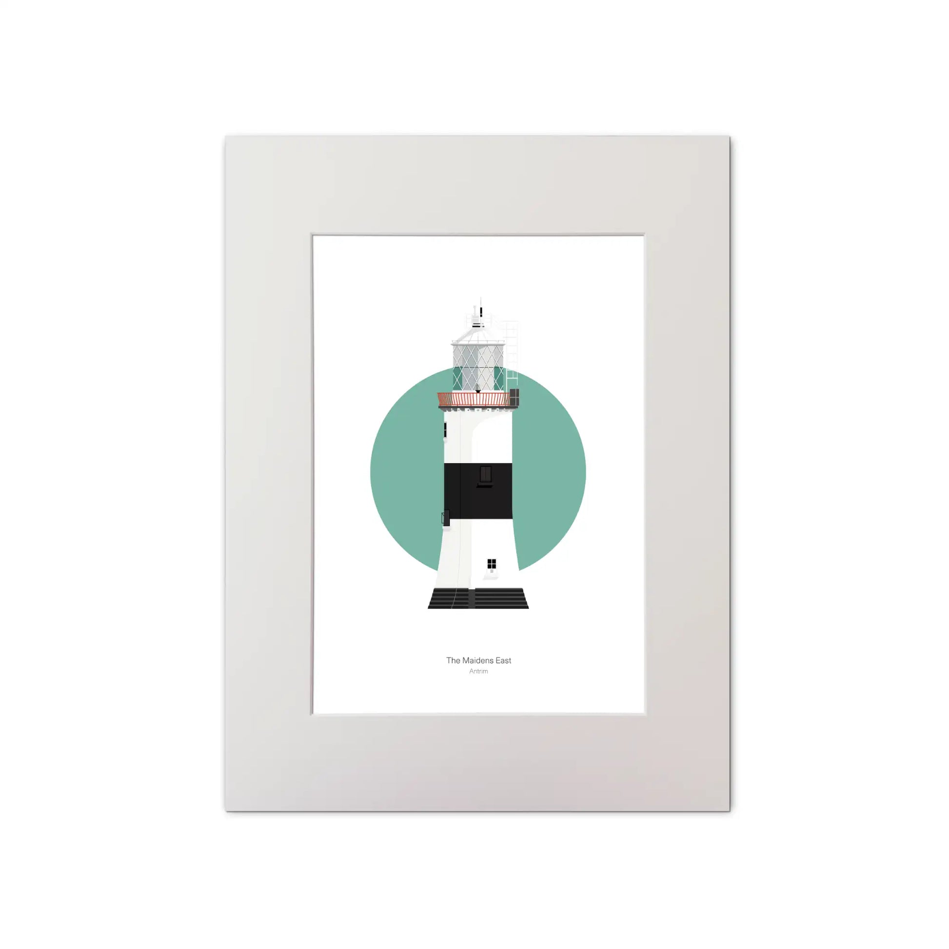 Illustration of The Maidens lighthouse on a white background inside light blue square, mounted and measuring 30x40cm.