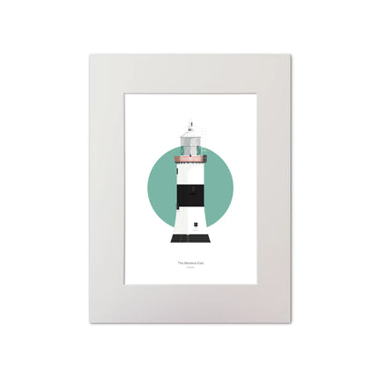 Illustration of The Maidens lighthouse on a white background inside light blue square, mounted and measuring 30x40cm.