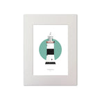 Illustration of The Maidens lighthouse on a white background inside light blue square, mounted and measuring 30x40cm.