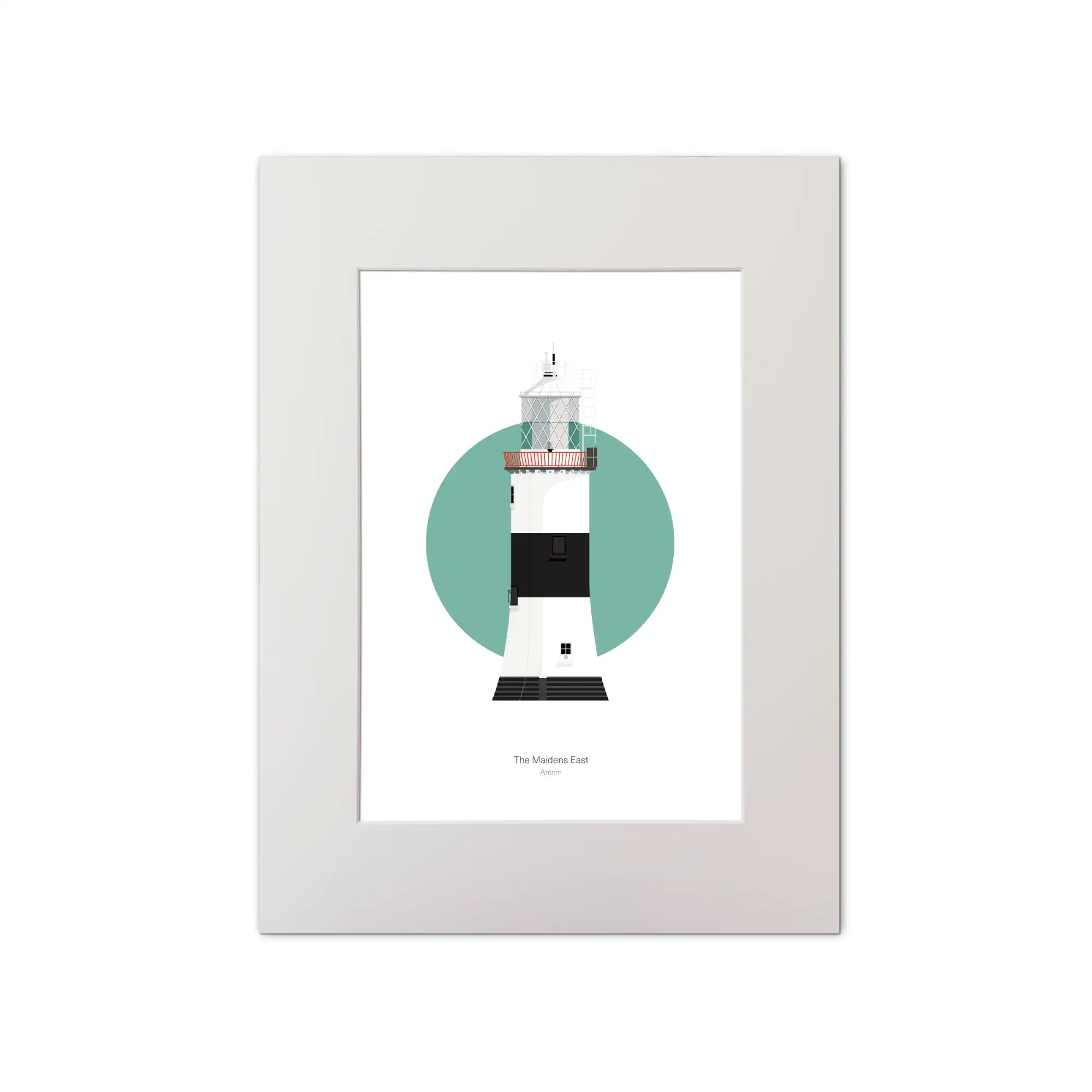 Illustration of The Maidens lighthouse on a white background inside light blue square, mounted and measuring 30x40cm.