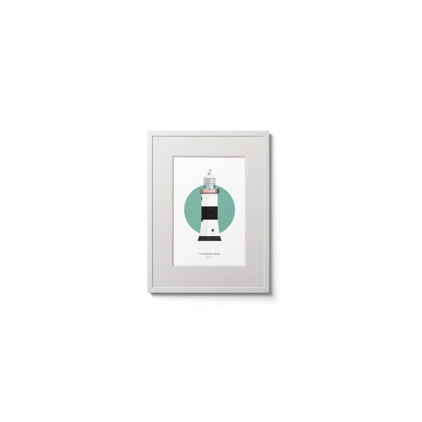 Illustration of The Maidens lighthouse on a white background inside light blue square,  in a white frame measuring 15x20cm.