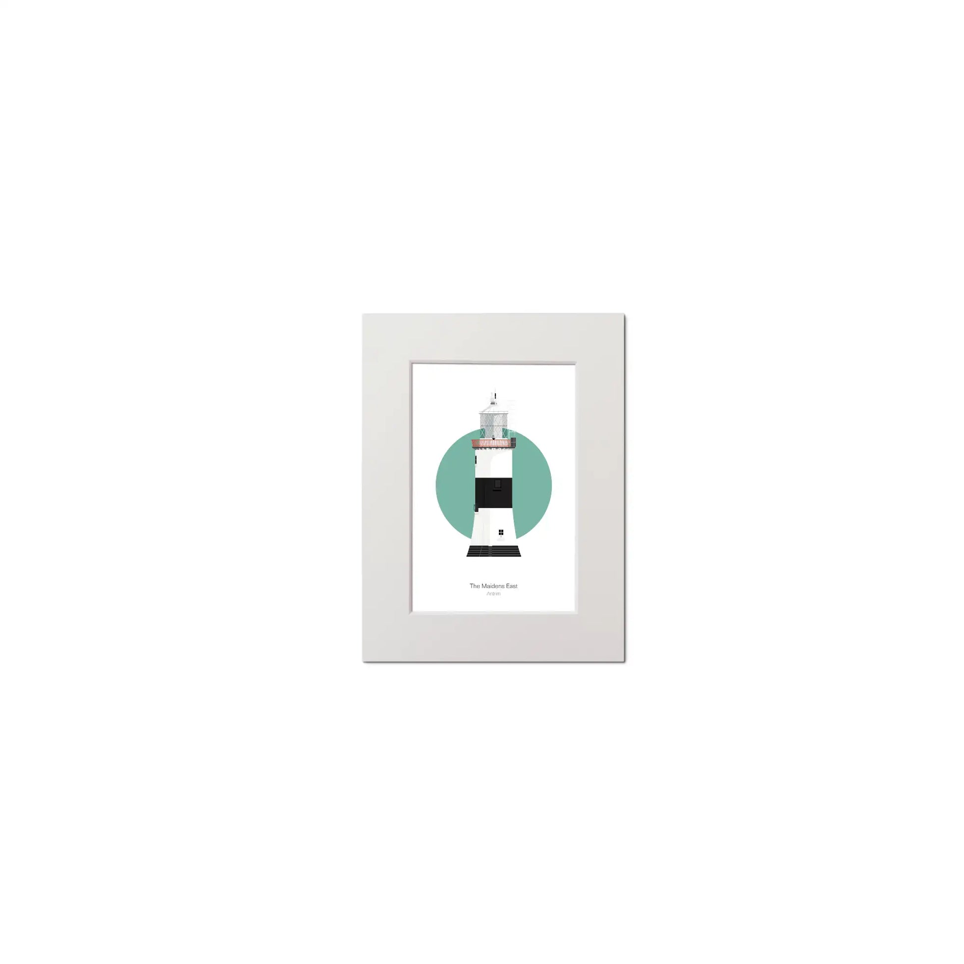 Illustration of The Maidens lighthouse on a white background inside light blue square, mounted and measuring 15x20cm.