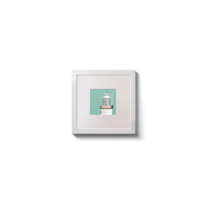 Illustration of The Maidens lighthouse on an ocean green background,  in a white square frame measuring 10x10cm.
