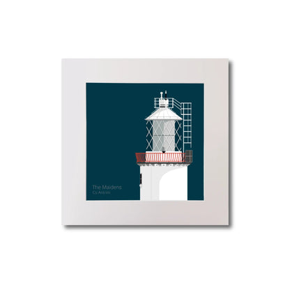 Illustration of The Maidens lighthouse on a midnight blue background, mounted and measuring 20x20cm.