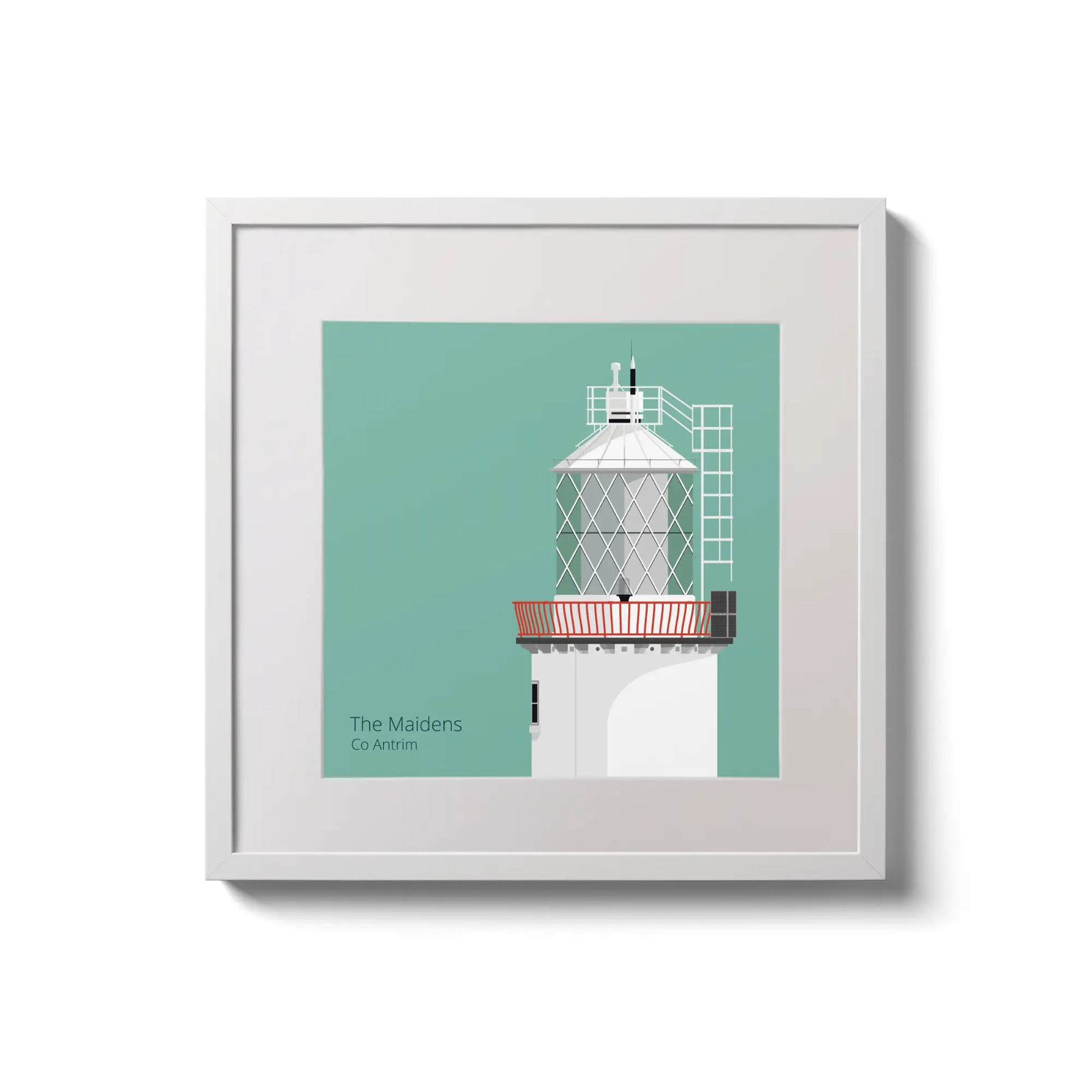 Illustration of The Maidens lighthouse on an ocean green background,  in a white square frame measuring 20x20cm.