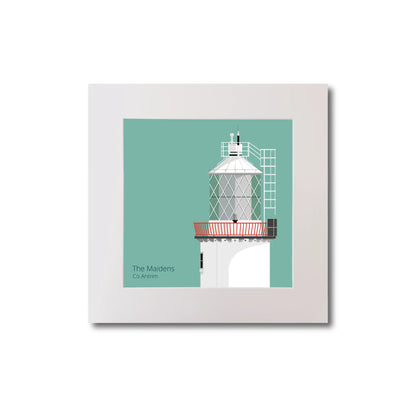 Illustration of The Maidens lighthouse on an ocean green background, mounted and measuring 20x20cm.