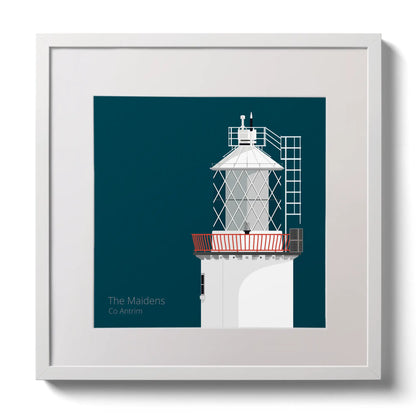 Illustration of The Maidens lighthouse on a midnight blue background,  in a white square frame measuring 30x30cm.