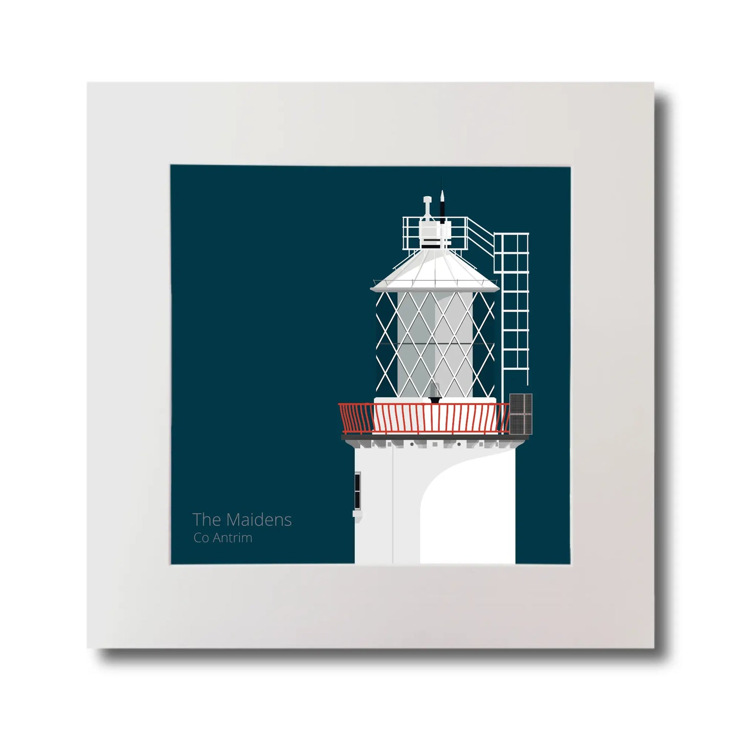 Illustration of The Maidens lighthouse on a midnight blue background, mounted and measuring 30x30cm.
