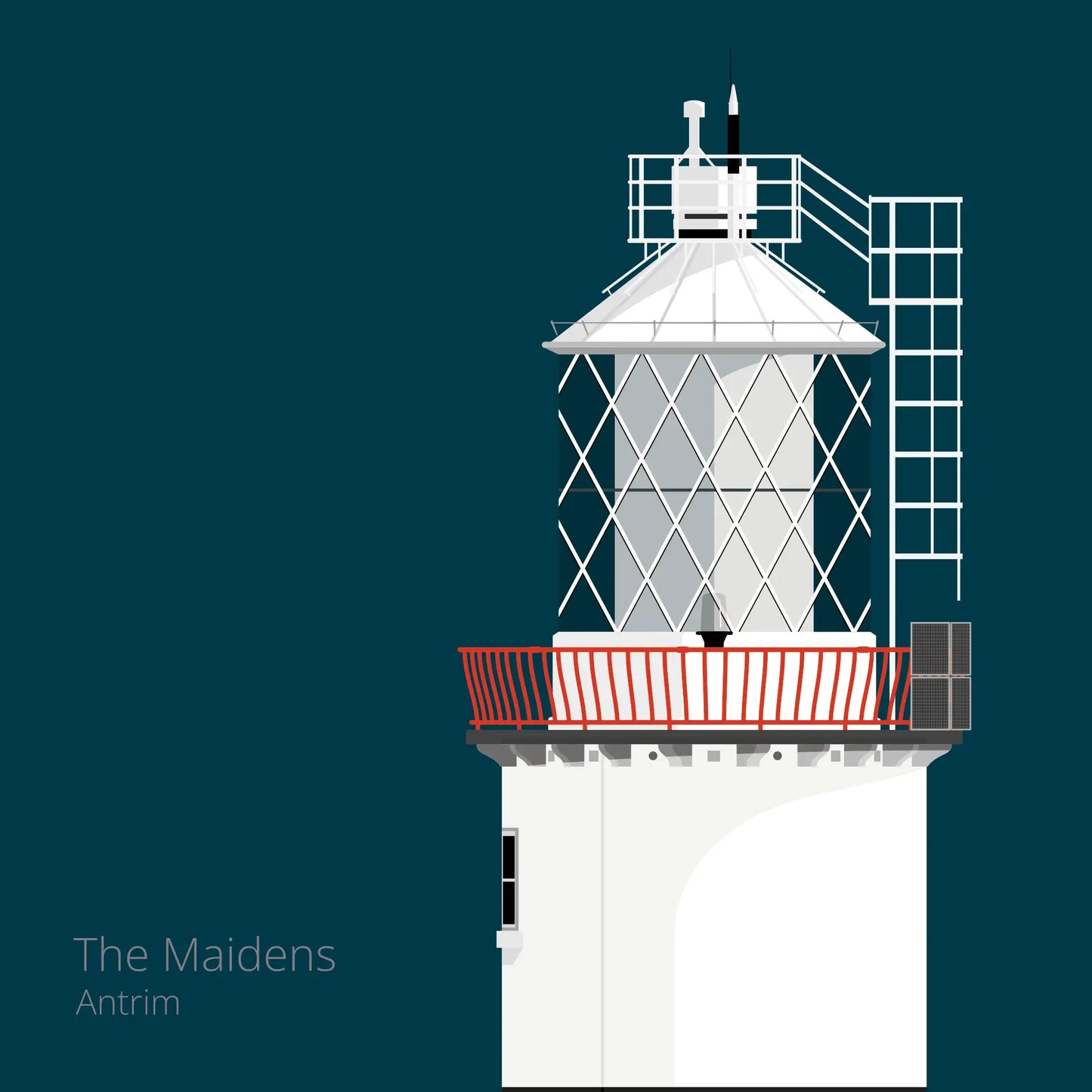 Illustration of The Maidens lighthouse on a midnight blue background