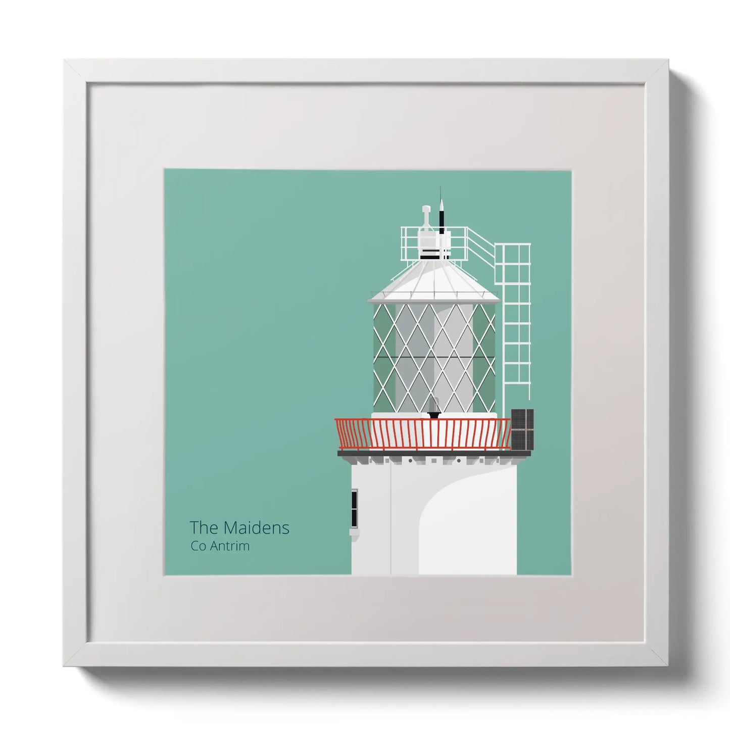 Illustration of The Maidens lighthouse on an ocean green background,  in a white square frame measuring 30x30cm.