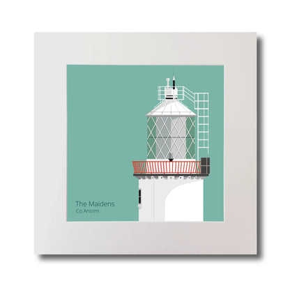 Illustration of The Maidens lighthouse on an ocean green background, mounted and measuring 30x30cm.
