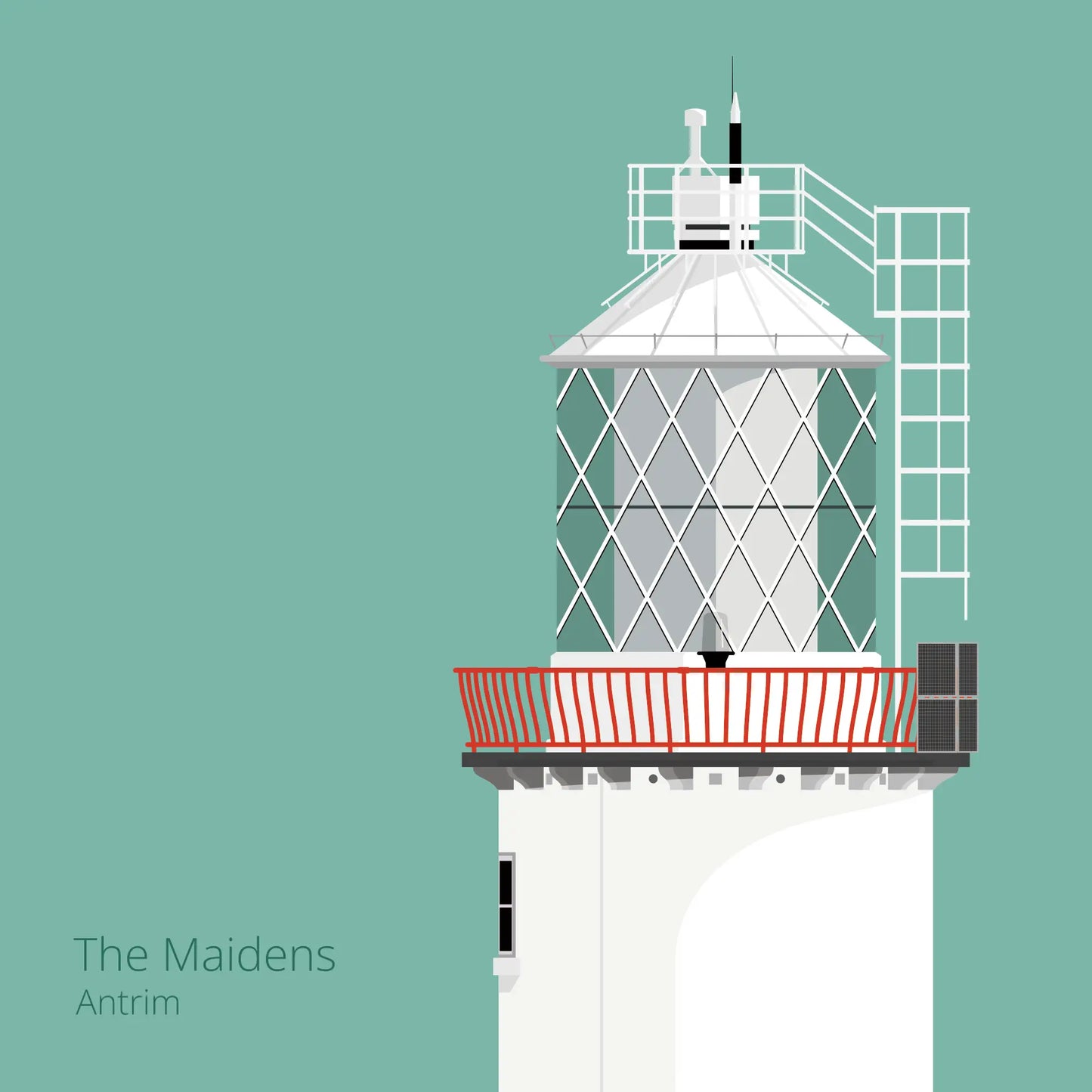 Illustration of The Maidens lighthouse on an ocean green background