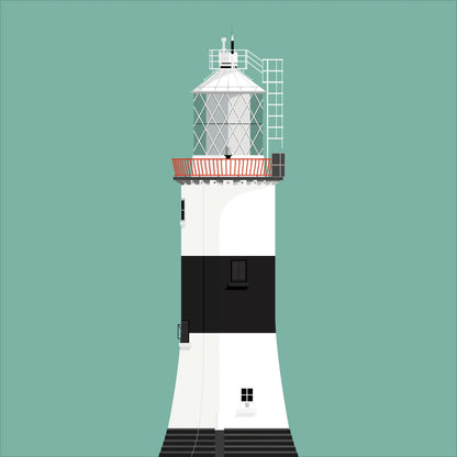Illustration of The Maidens lighthouse on a white background inside light blue square.