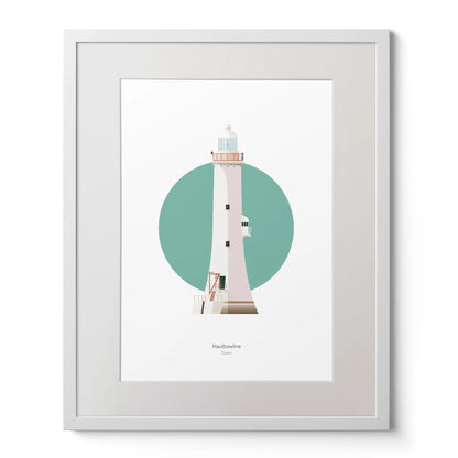Illustration of Haulbowline lighthouse on a white background inside light blue square,  in a white frame measuring 40x50cm.