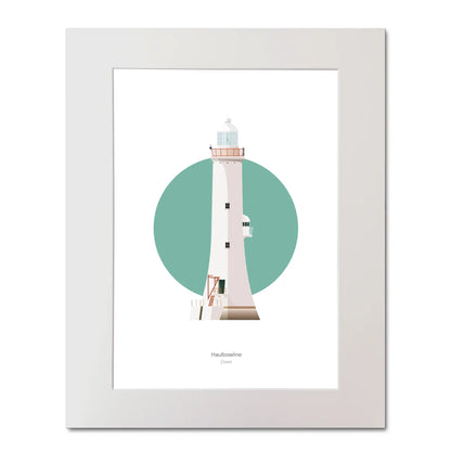 Illustration of Haulbowline lighthouse on a white background inside light blue square, mounted and measuring 40x50cm.