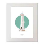 Illustration of Haulbowline lighthouse on a white background inside light blue square, mounted and measuring 40x50cm.