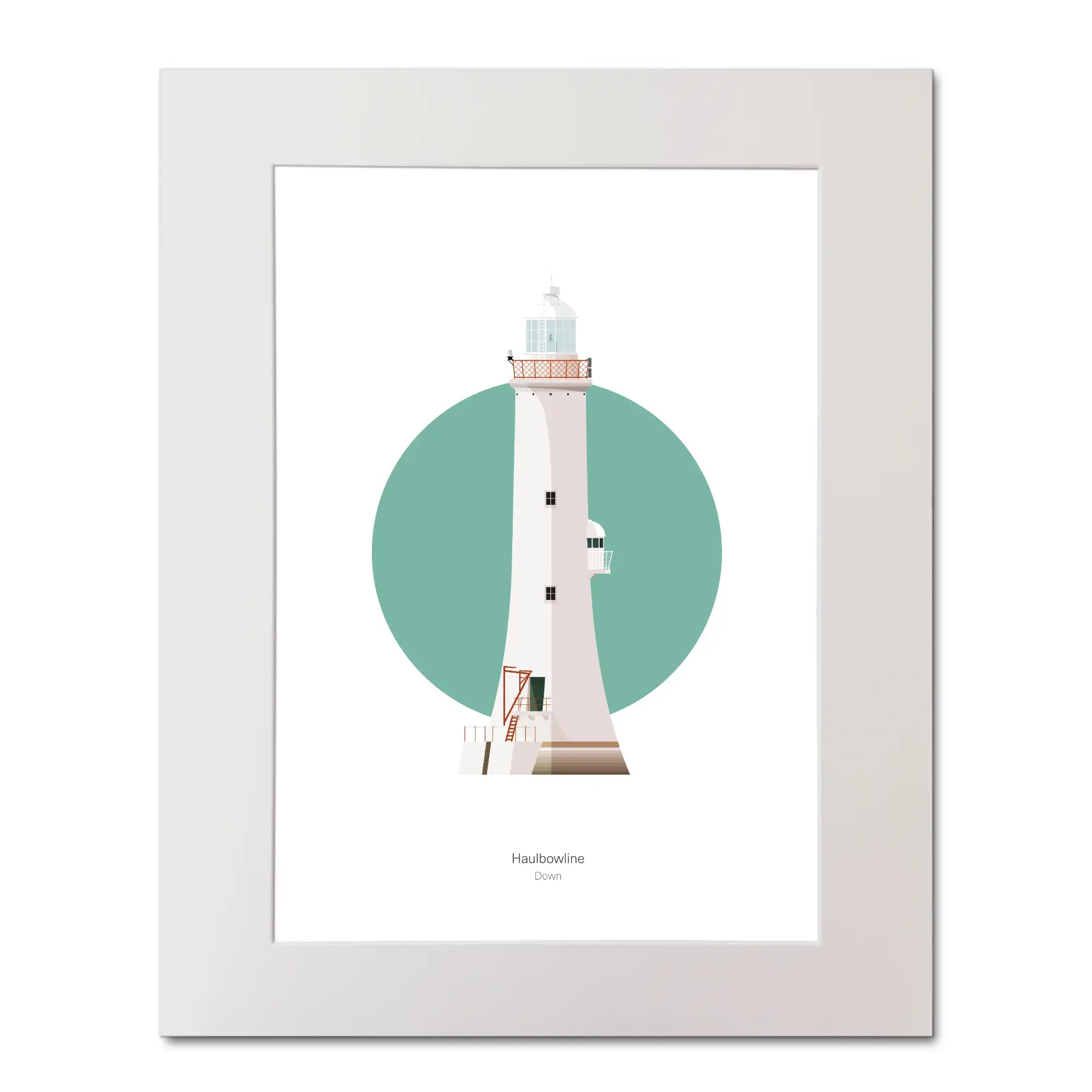 Illustration of Haulbowline lighthouse on a white background inside light blue square, mounted and measuring 40x50cm.
