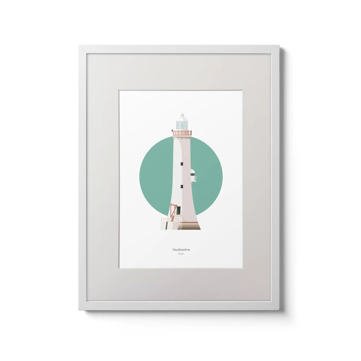 Illustration of Haulbowline lighthouse on a white background inside light blue square,  in a white frame measuring 30x40cm.