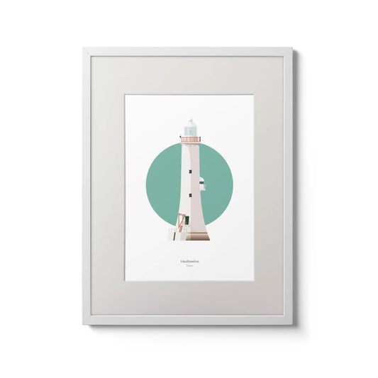 Illustration of Haulbowline lighthouse on a white background inside light blue square,  in a white frame measuring 30x40cm.