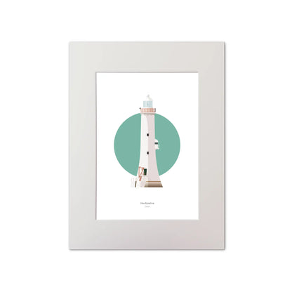 Illustration of Haulbowline lighthouse on a white background inside light blue square, mounted and measuring 30x40cm.