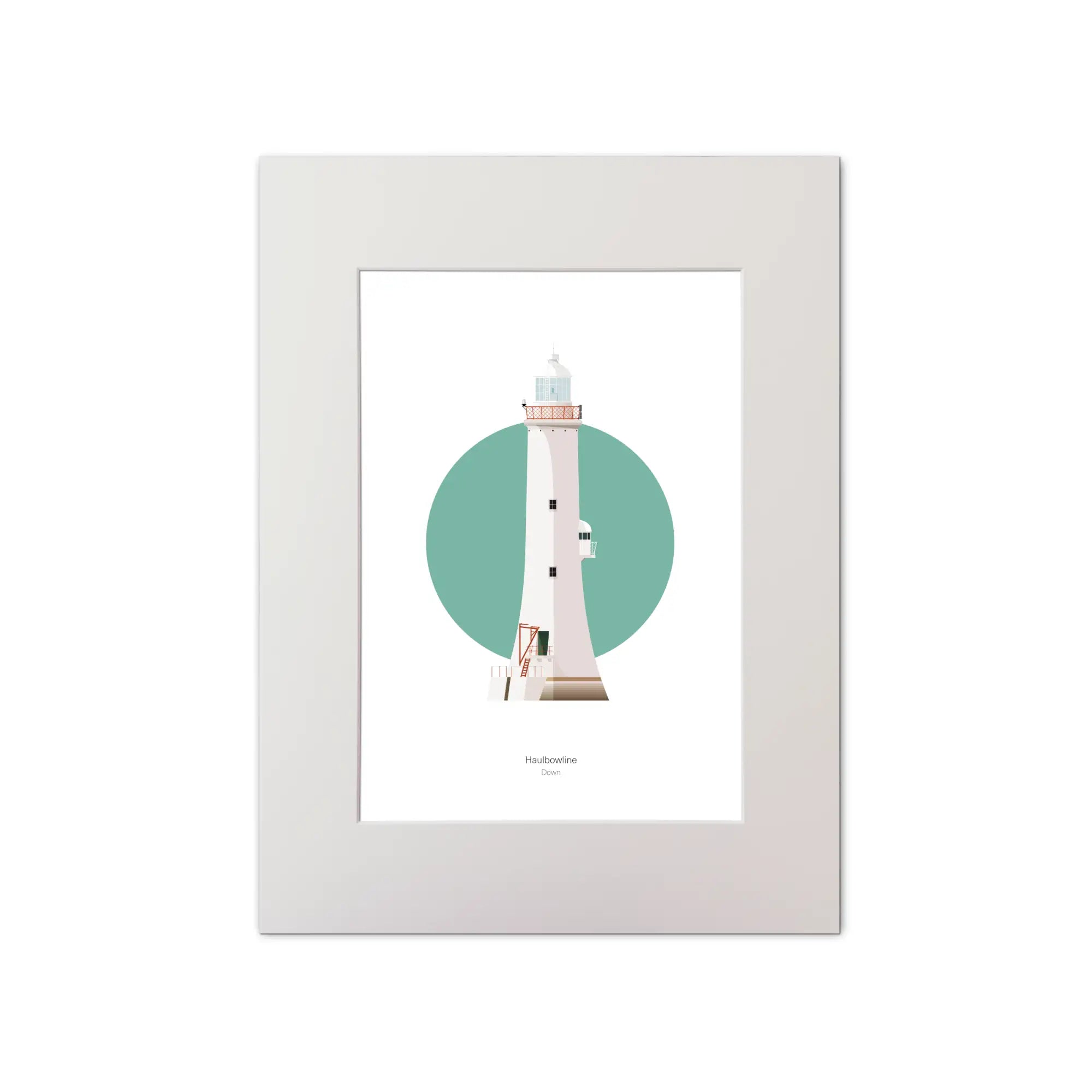 Illustration of Haulbowline lighthouse on a white background inside light blue square, mounted and measuring 30x40cm.