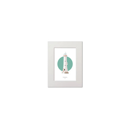 Illustration of Haulbowline lighthouse on a white background inside light blue square, mounted and measuring 15x20cm.