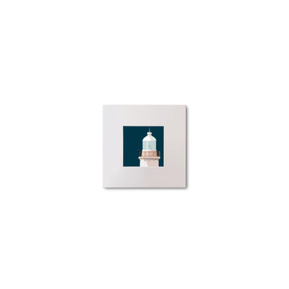 Illustration of Haulbowline lighthouse on a midnight blue background, mounted and measuring 10x10cm.