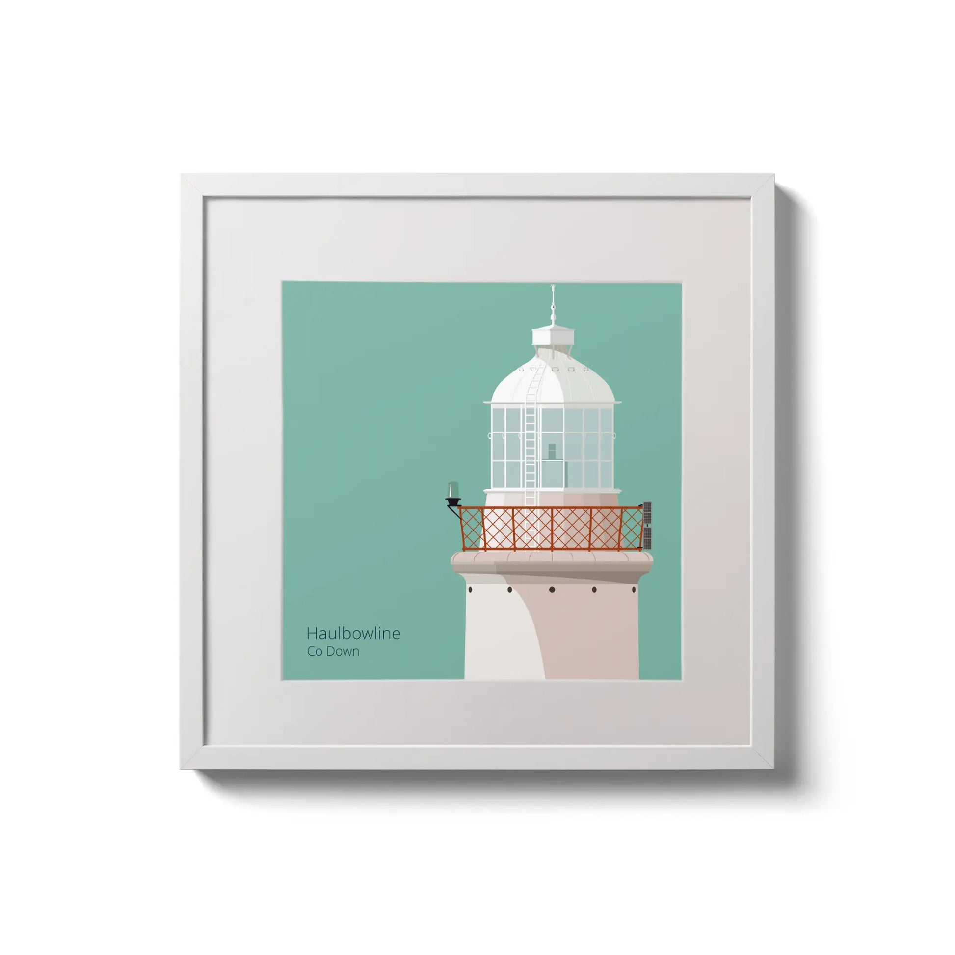 Illustration of Haulbowline lighthouse on an ocean green background,  in a white square frame measuring 20x20cm.